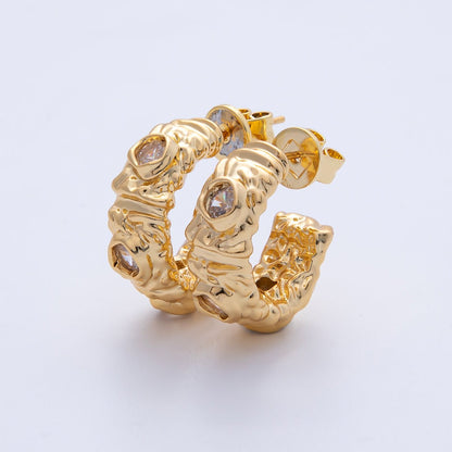 18K Gold Filled 20mm Fuchsia, Clear CZ Hammered Molten C-Shaped Hoop Earrings | AE623 AE624