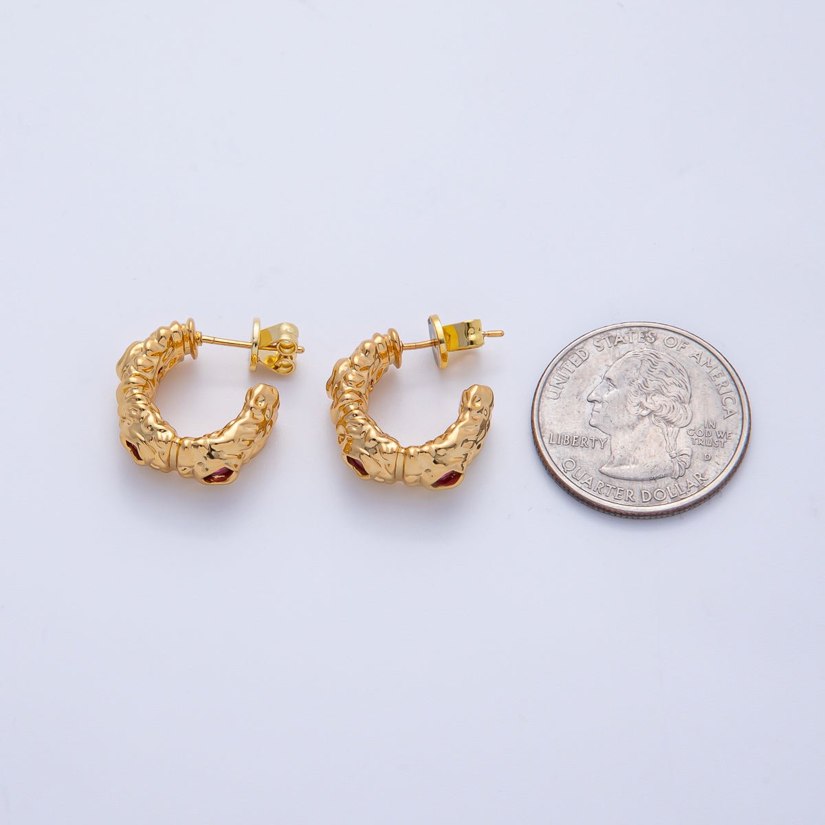 18K Gold Filled 20mm Fuchsia, Clear CZ Hammered Molten C-Shaped Hoop Earrings | AE623 AE624