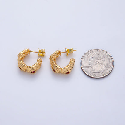 18K Gold Filled 20mm Fuchsia, Clear CZ Hammered Molten C-Shaped Hoop Earrings | AE623 AE624
