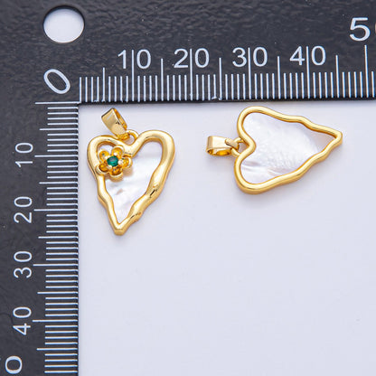 18K Gold Filled 20mm Green CZ Flower Shell Pearl Molten Heart Pendant in Gold &amp; Silver | AF1204