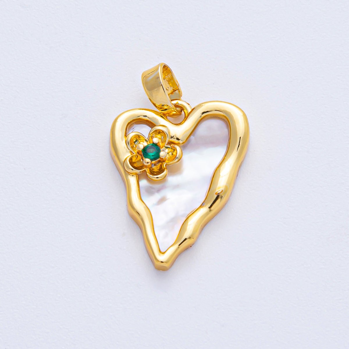 18K Gold Filled 20mm Green CZ Flower Shell Pearl Molten Heart Pendant in Gold &amp; Silver | AF1204