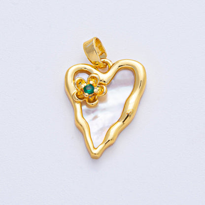 18K Gold Filled 20mm Green CZ Flower Shell Pearl Molten Heart Pendant in Gold &amp; Silver | AF1204