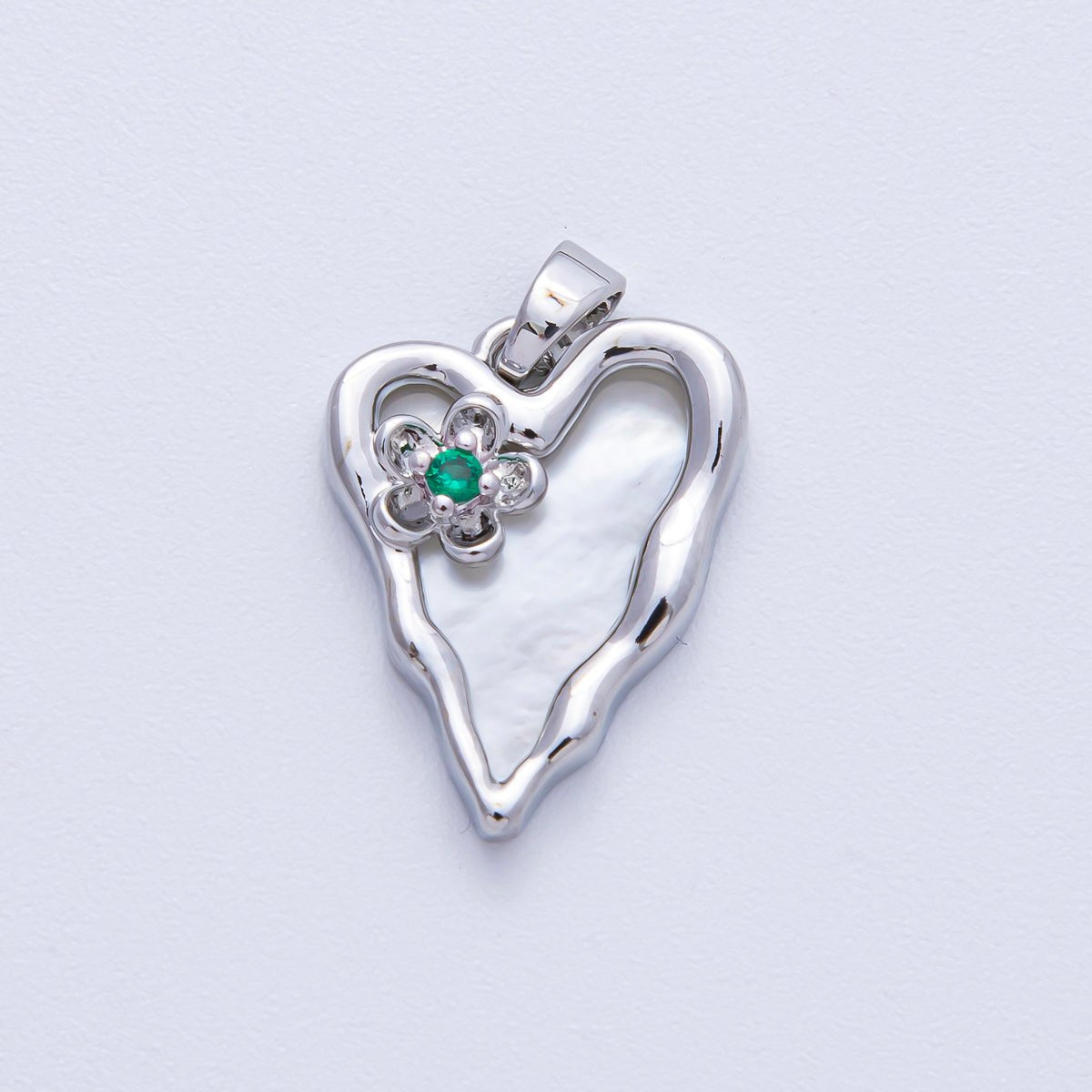 18K Gold Filled 20mm Green CZ Flower Shell Pearl Molten Heart Pendant in Gold &amp; Silver | AF1204