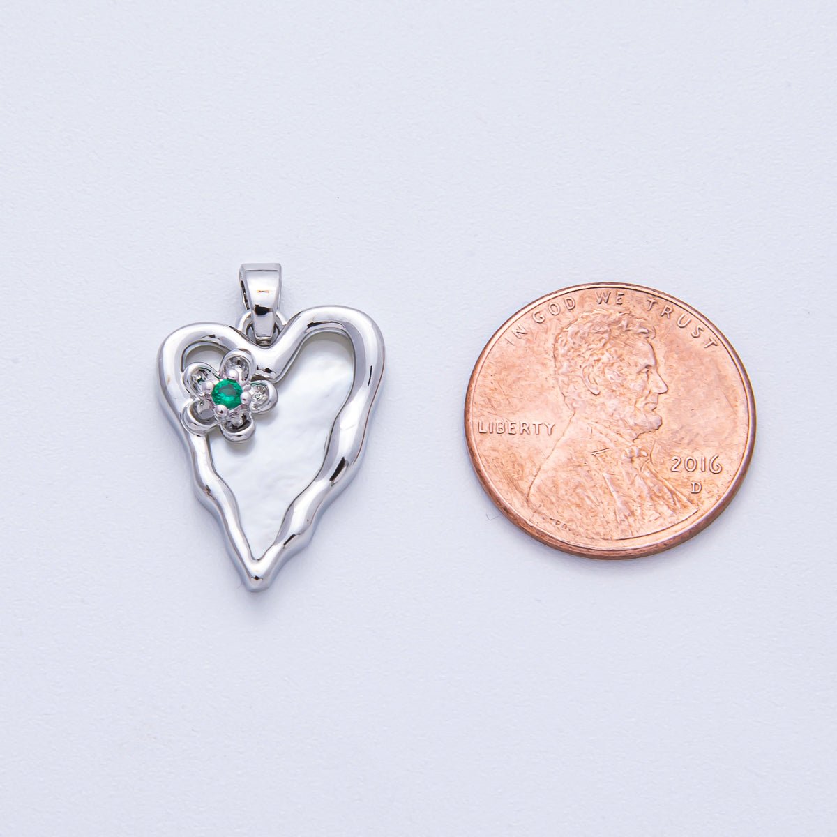 18K Gold Filled 20mm Green CZ Flower Shell Pearl Molten Heart Pendant in Gold &amp; Silver | AF1204