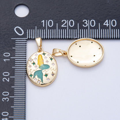 18K Gold Filled 20mm Mermaid Ocean Engraved CZ Oval Pendant | AF1215
