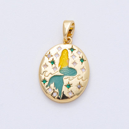 18K Gold Filled 20mm Mermaid Ocean Engraved CZ Oval Pendant | AF1215