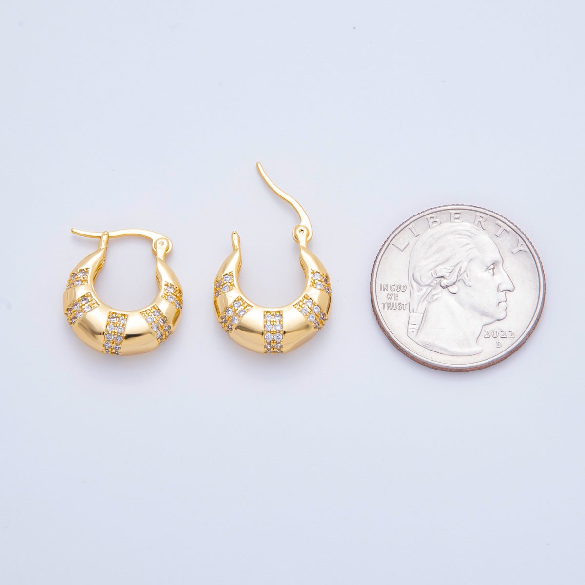 18K Gold Filled 20mm Micro Paved CZ Lined Dome French Lock Latch Hoop Earrings | AJ-269