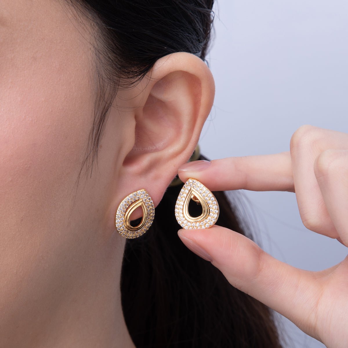 18K Gold Filled 20mm Open Micro Paved CZ Teardrop Stud Earrings | AD1601