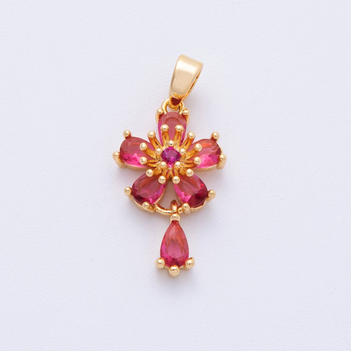 18K Gold Filled 20mm Red CZ Flower Drop Charms | Charms-00109