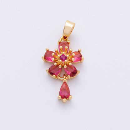 18K Gold Filled 20mm Red CZ Flower Drop Charms | Charms-00109