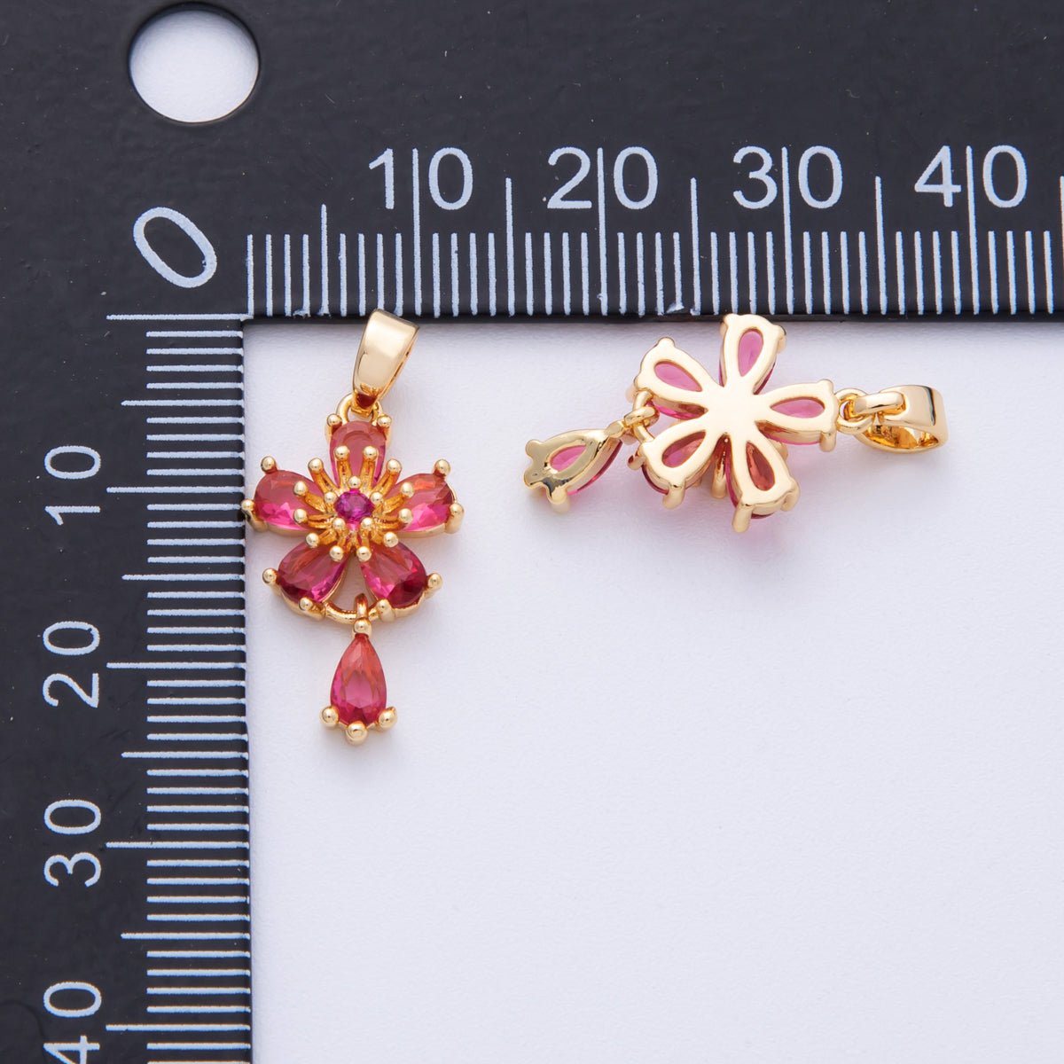18K Gold Filled 20mm Red CZ Flower Drop Charms | Charms-00109