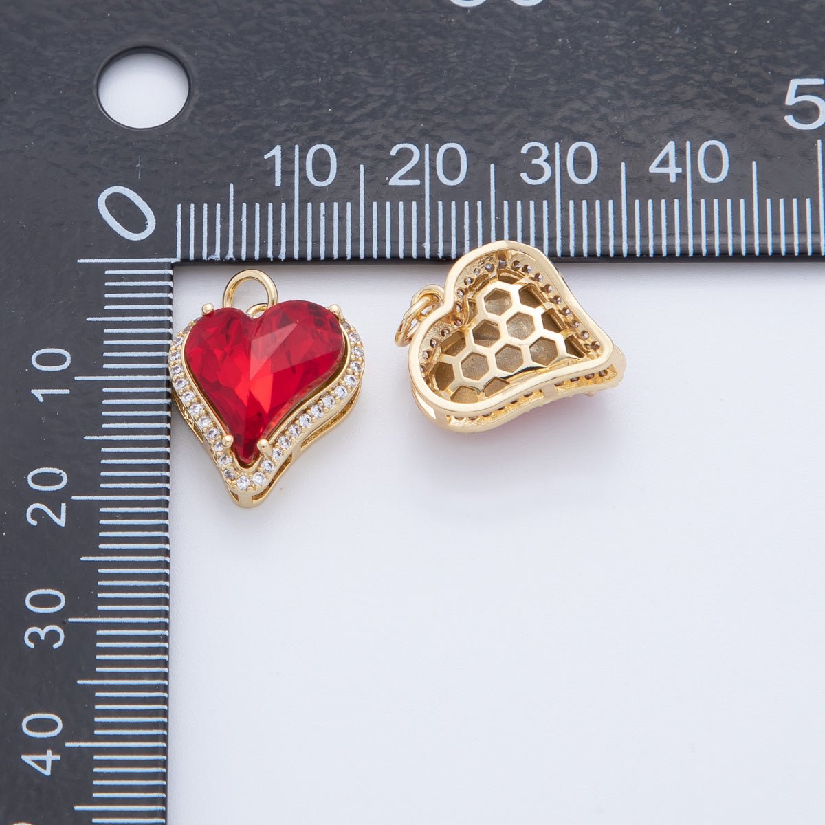 18K Gold Filled 20mm Red CZ Micro Paved Heart Charm | AF409