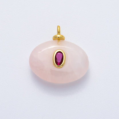 18K Gold Filled 20mm Fuchsia CZ Embedded Rose Quartz Oval Gemstone Charm | AF1321