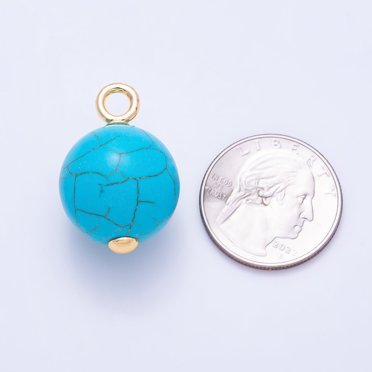 18K Gold Filled 20mm Round Blue Turquoise Gemstone Drop Charm | Charms-01412