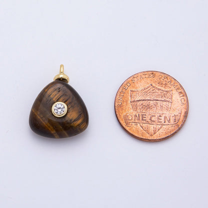 18K Gold Filled 20mm Clear CZ Embedded Tiger Eye Triangle Gemstone Charm | AF1317