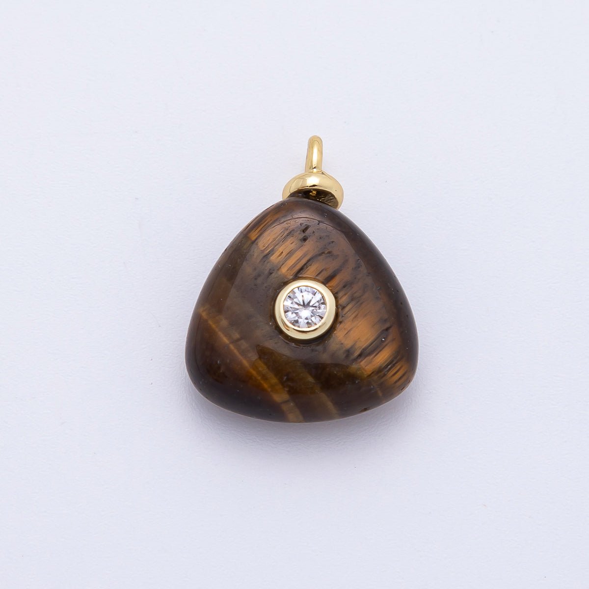 18K Gold Filled 20mm Clear CZ Embedded Tiger Eye Triangle Gemstone Charm | AF1317