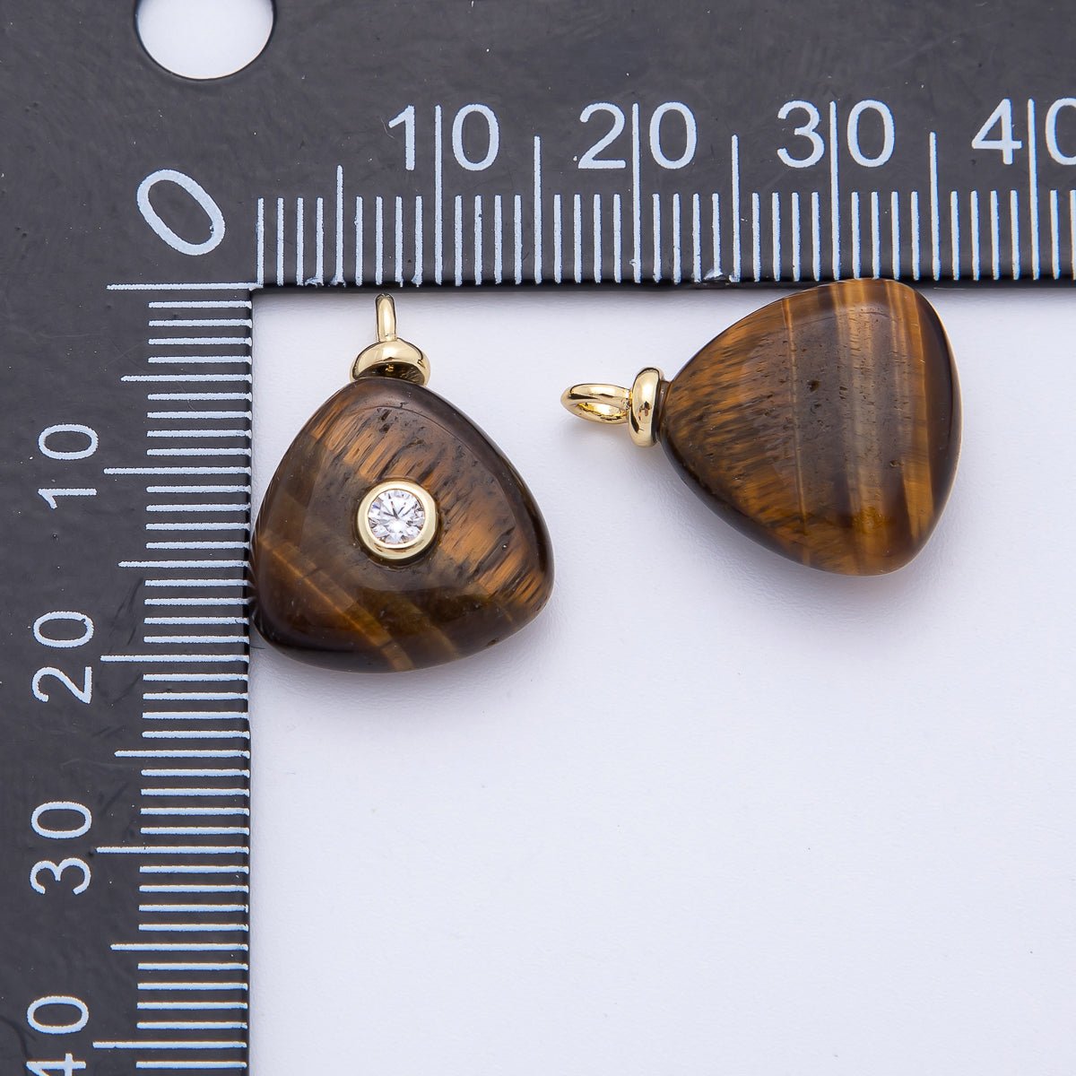 18K Gold Filled 20mm Clear CZ Embedded Tiger Eye Triangle Gemstone Charm | AF1317
