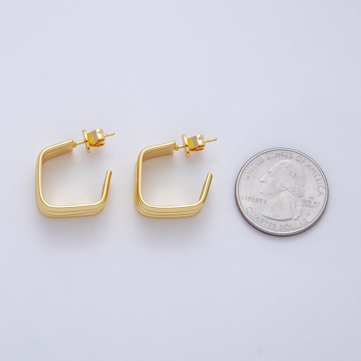 18K Gold Filled 20mm Triple Band Square C-Shaped Hoop Earrings | AD1644