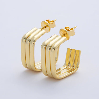 18K Gold Filled 20mm Triple Band Square C-Shaped Hoop Earrings | AD1644
