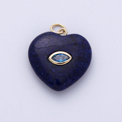 18K Gold Filled 21.5mm Marquise Embedded Rose Quartz, Amethyst, Onyx, Amazonite, Lapis Lazuli, Tiger Eye Heart Charm | AK218 - AK220