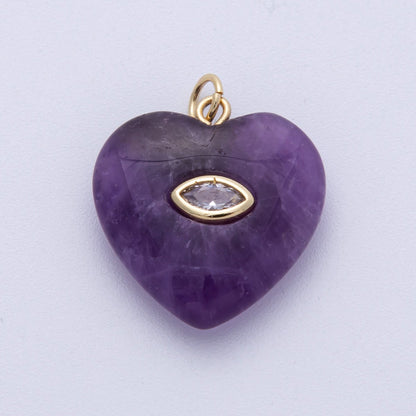 18K Gold Filled 21.5mm Marquise Embedded Rose Quartz, Amethyst, Onyx, Amazonite, Lapis Lazuli, Tiger Eye Heart Charm | AK218 - AK220