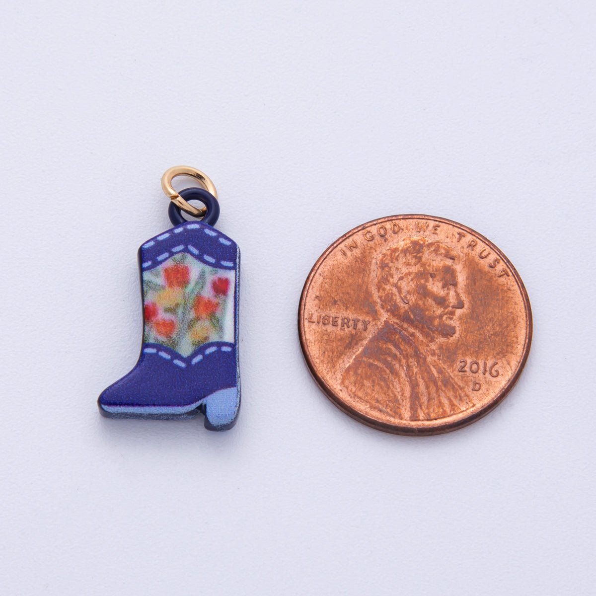 18K Gold Filled 21mm Blue, Green Flower Print Cowboy Shoes Charm | AF1606 AF1607