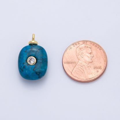18K Gold Filled 21mm Clear CZ Embedded Blue Turquoise Oval Gemstone Charm | AF1388