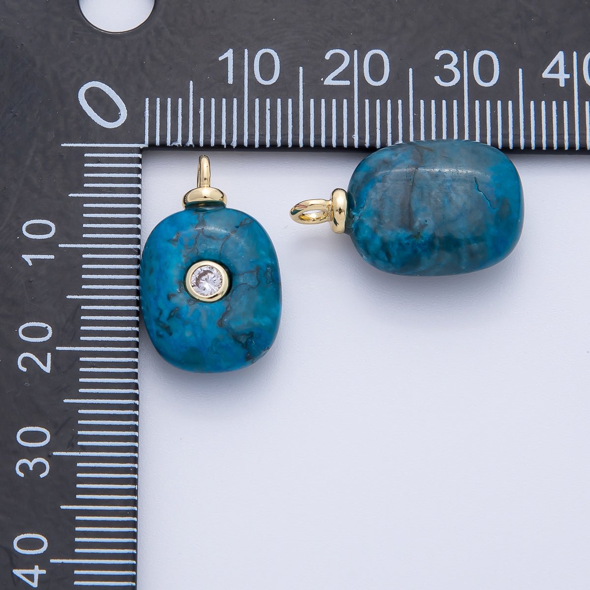 18K Gold Filled 21mm Clear CZ Embedded Blue Turquoise Oval Gemstone Charm | AF1388