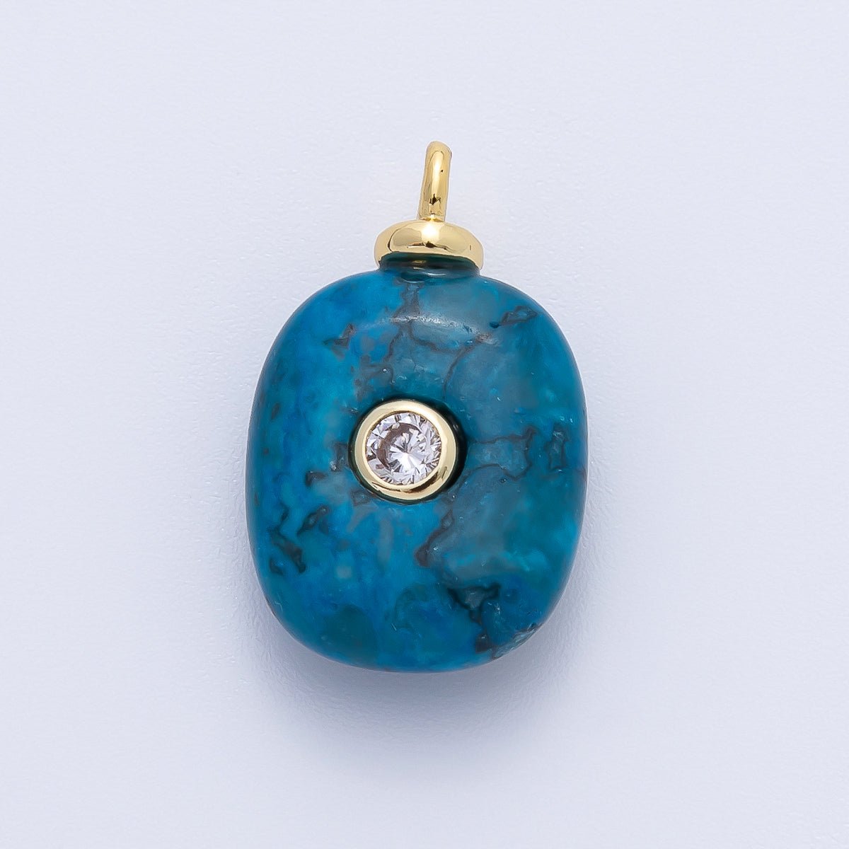 18K Gold Filled 21mm Clear CZ Embedded Blue Turquoise Oval Gemstone Charm | AF1388