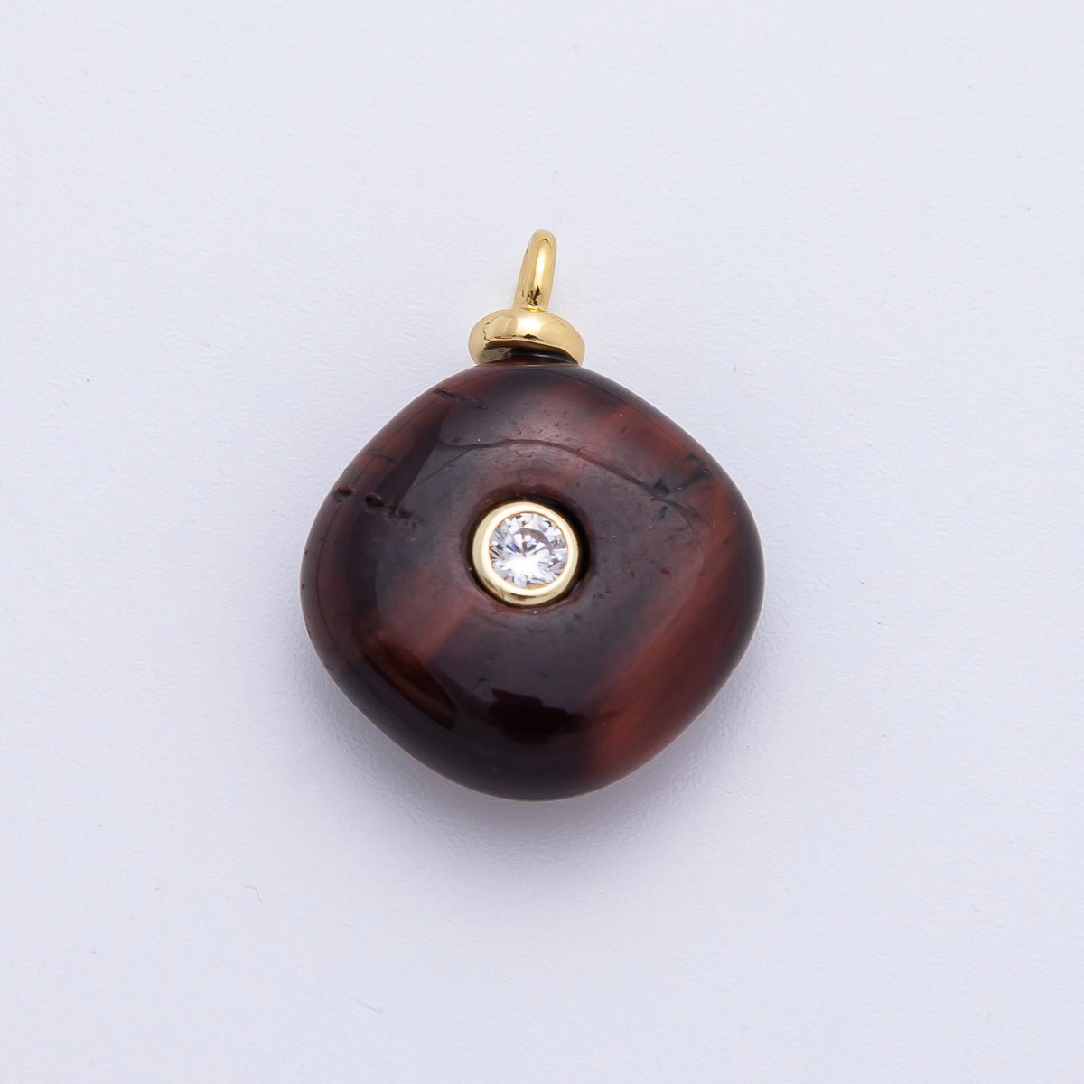 18K Gold Filled 21mm Clear Round CZ Tiger Eye Rhombus Gemstone Charm | AF1318