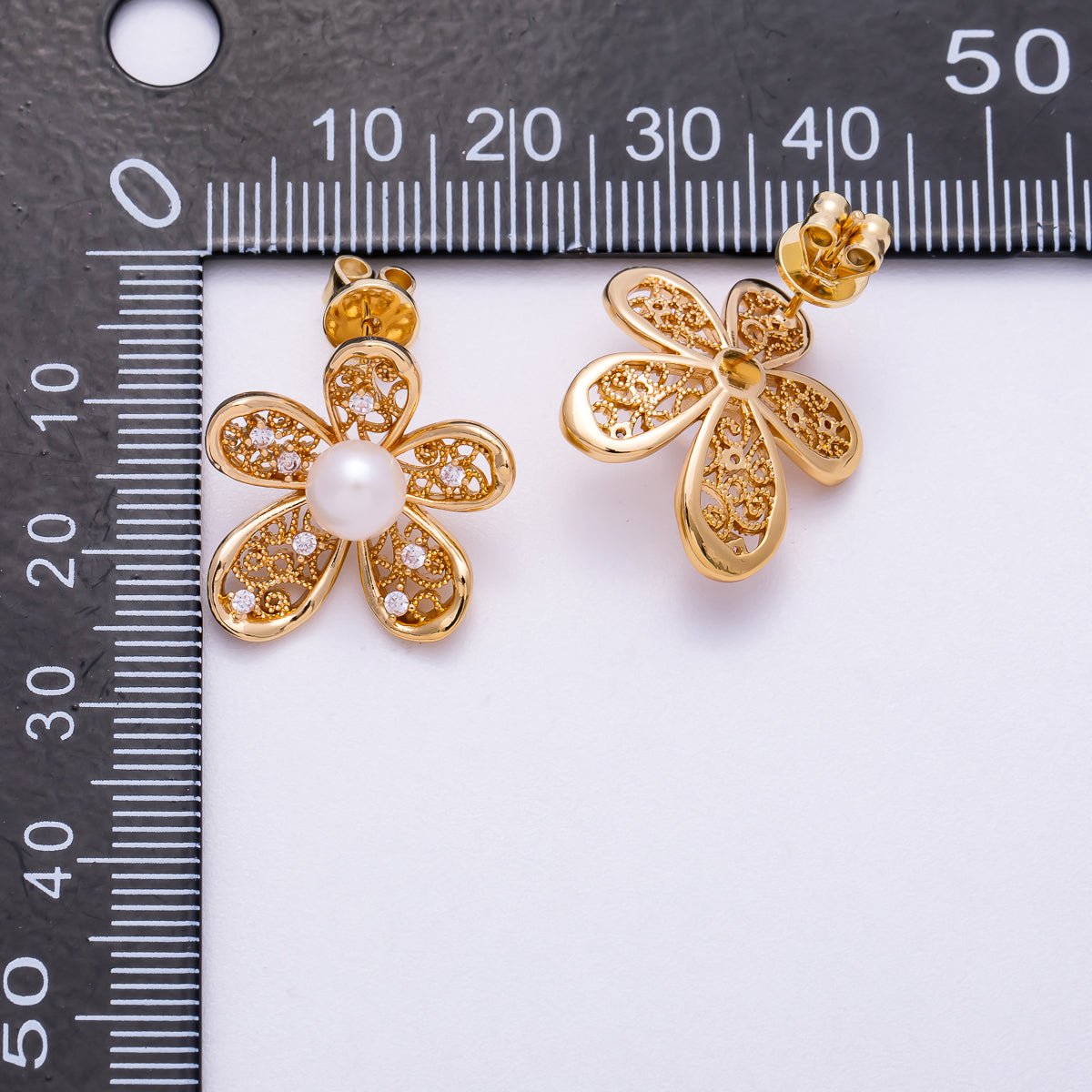 18K Gold Filled 21mm Shell Pearl CZ Filigree Flower Stud Earrings | Earrings-00328