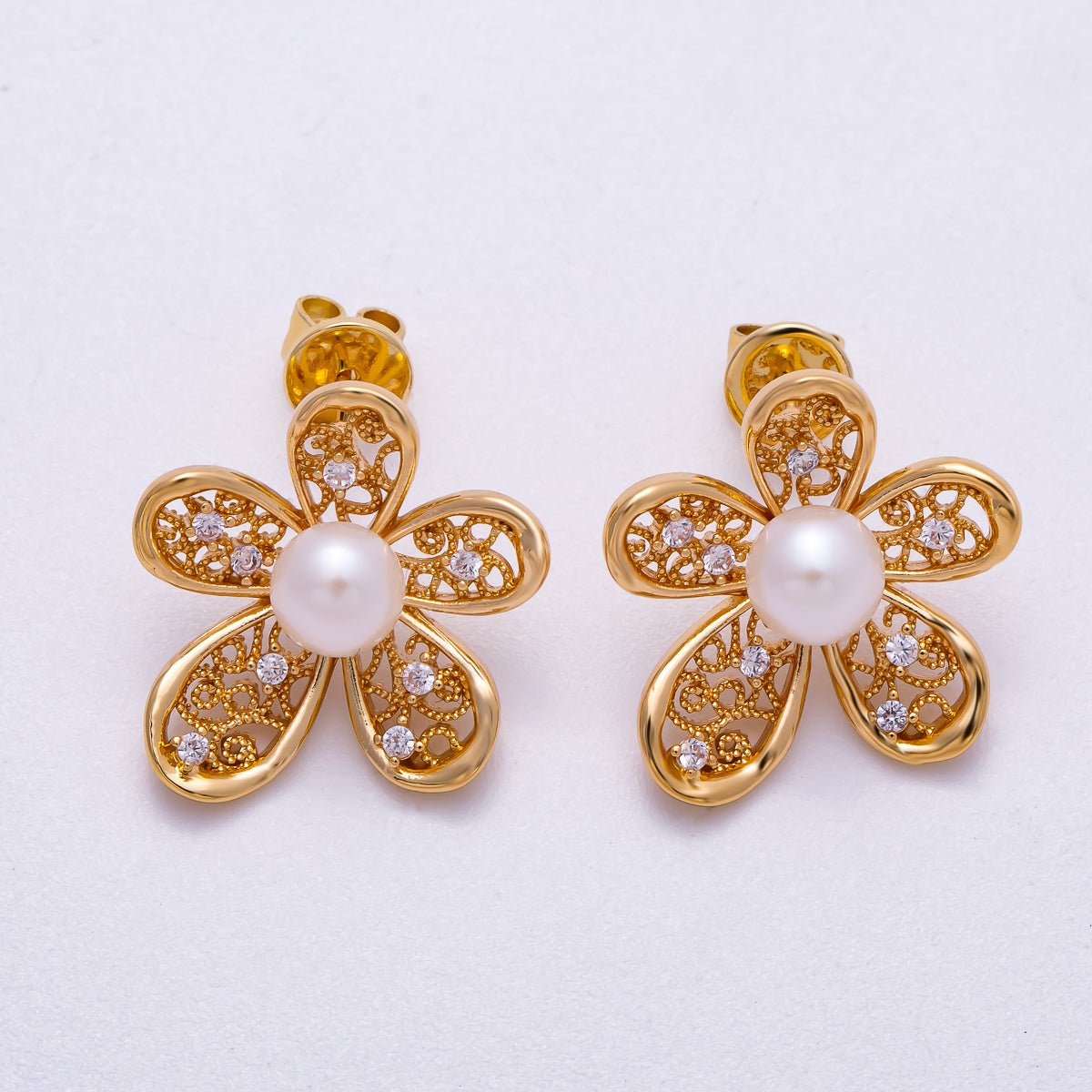 18K Gold Filled 21mm Shell Pearl CZ Filigree Flower Stud Earrings | Earrings-00328