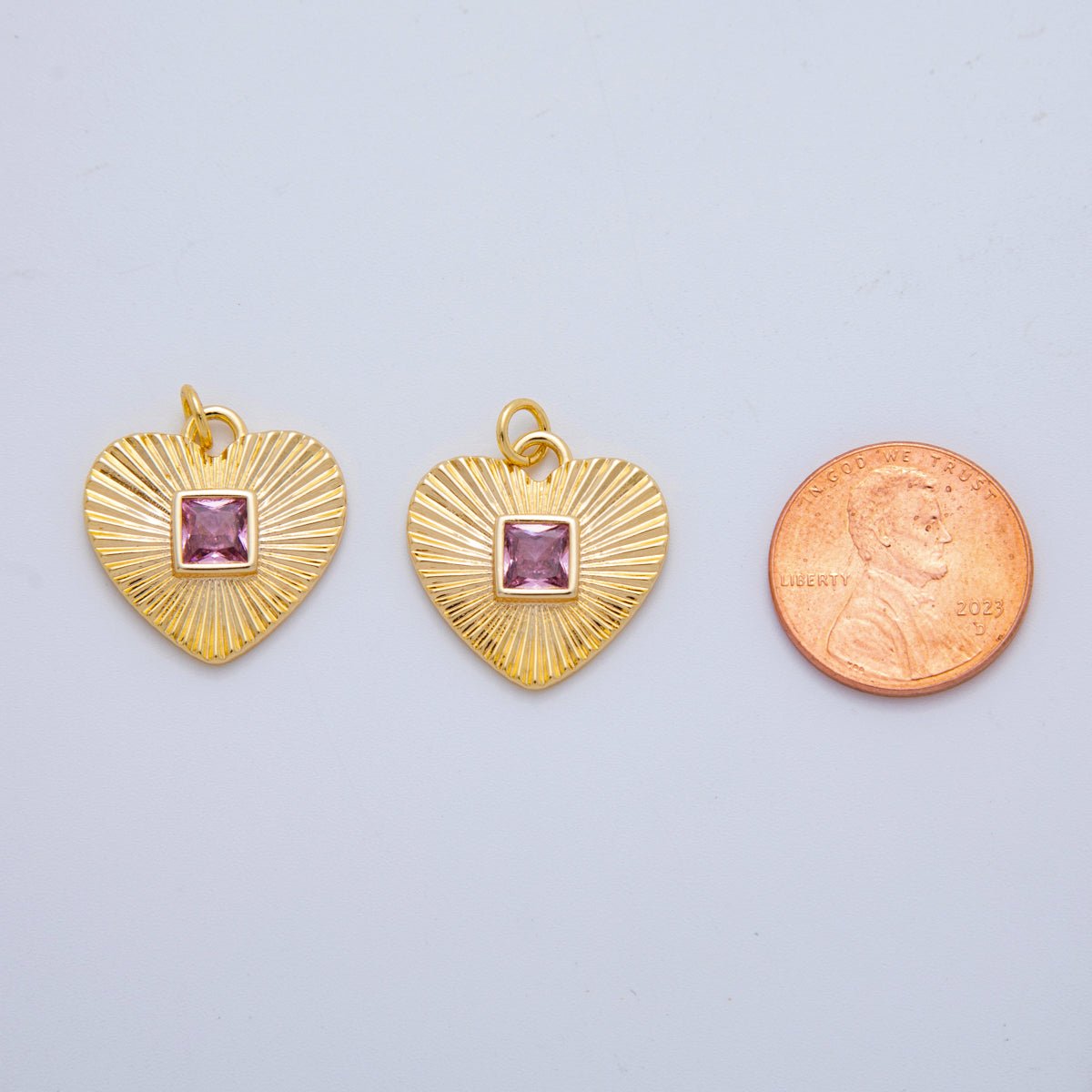 18K Gold Filled Baguette Pink CZ Sunburst Heart Valentine Charm | AH-923