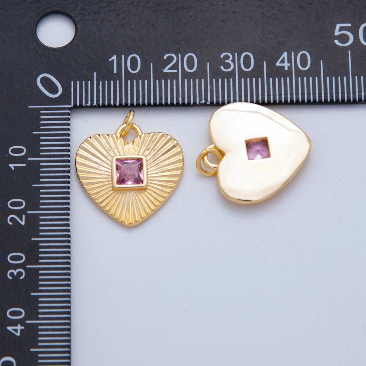 18K Gold Filled Baguette Pink CZ Sunburst Heart Valentine Charm | AH-923
