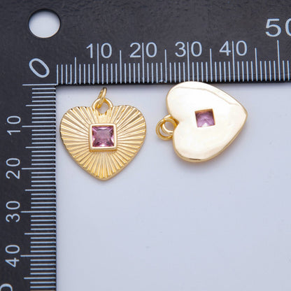 18K Gold Filled Baguette Pink CZ Sunburst Heart Valentine Charm | AH-923