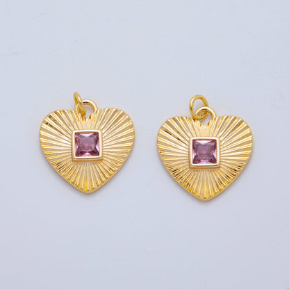 18K Gold Filled Baguette Pink CZ Sunburst Heart Valentine Charm | AH-923