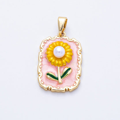 18K Gold Filled 21mm Sunflower Enamel Shell Pearl Rectangle Pendant | Charms-00149