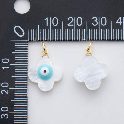 18K Gold Filled 22mm Blue Evil Eye Quatrefoil Shell Pearl Charm | AF334