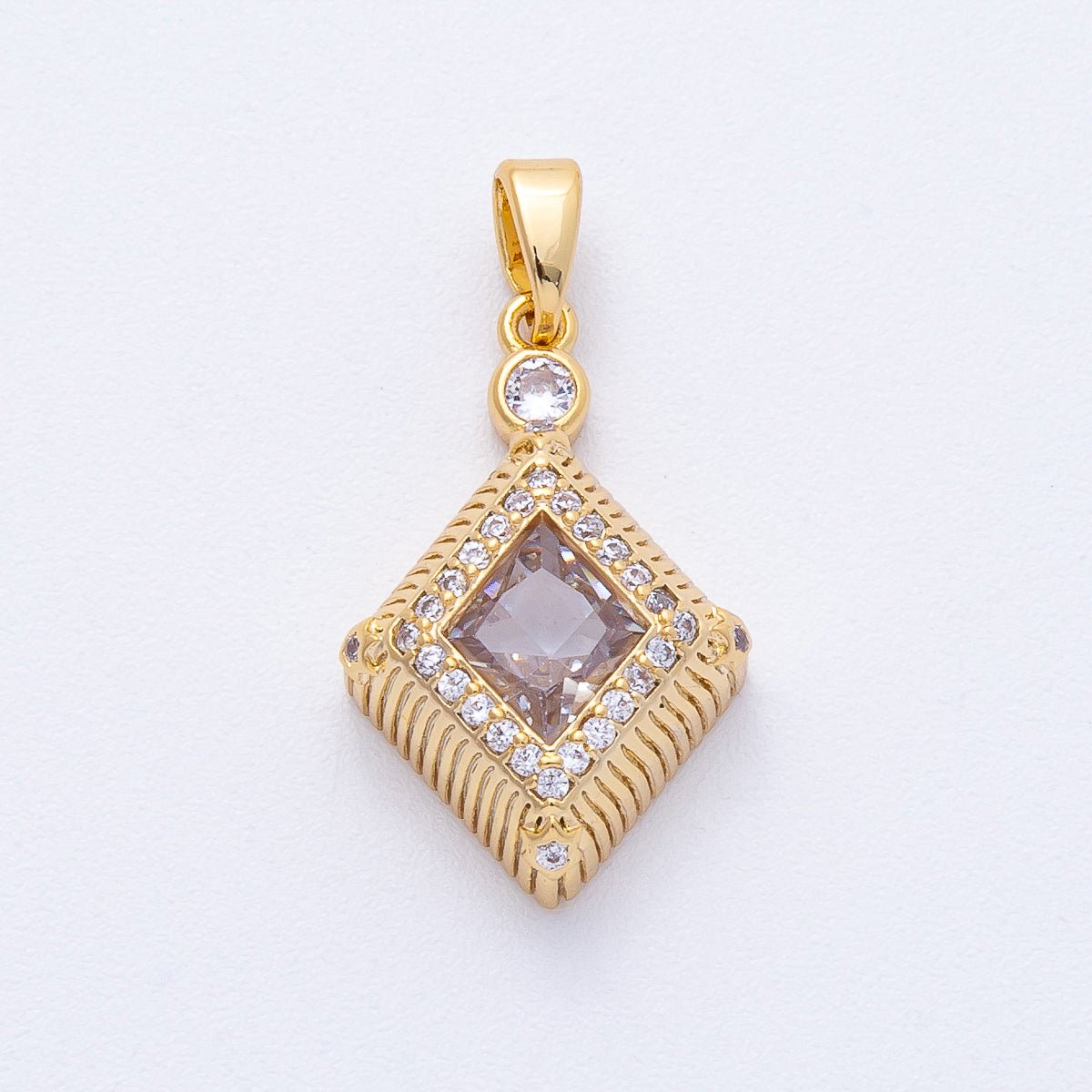 18K Gold Filled 22mm Clear CZ Micro Paved Ribbed Rhombus Pendant | AF1228