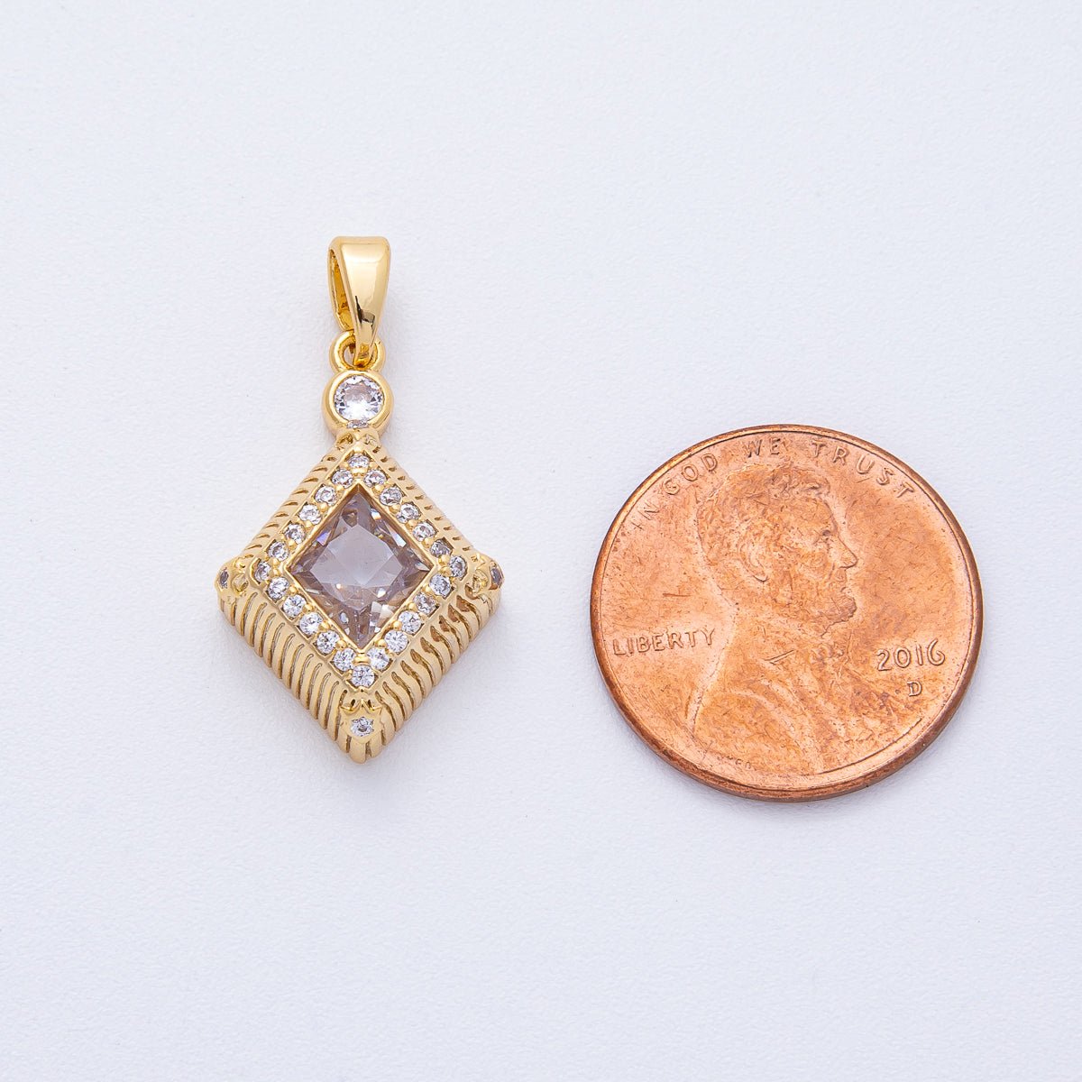 18K Gold Filled 22mm Clear CZ Micro Paved Ribbed Rhombus Pendant | AF1228
