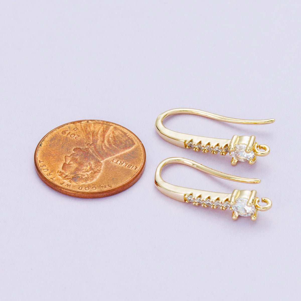 18K Gold Filled 22mm Micro Paved CZ Fish Hook Open Loop Drop Hoop Earrings | Findings-00098