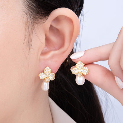 18K Gold Filled 22mm Micro Paved CZ Shell Pearl Flower Drop Stud Earring | EARRINGS-00242