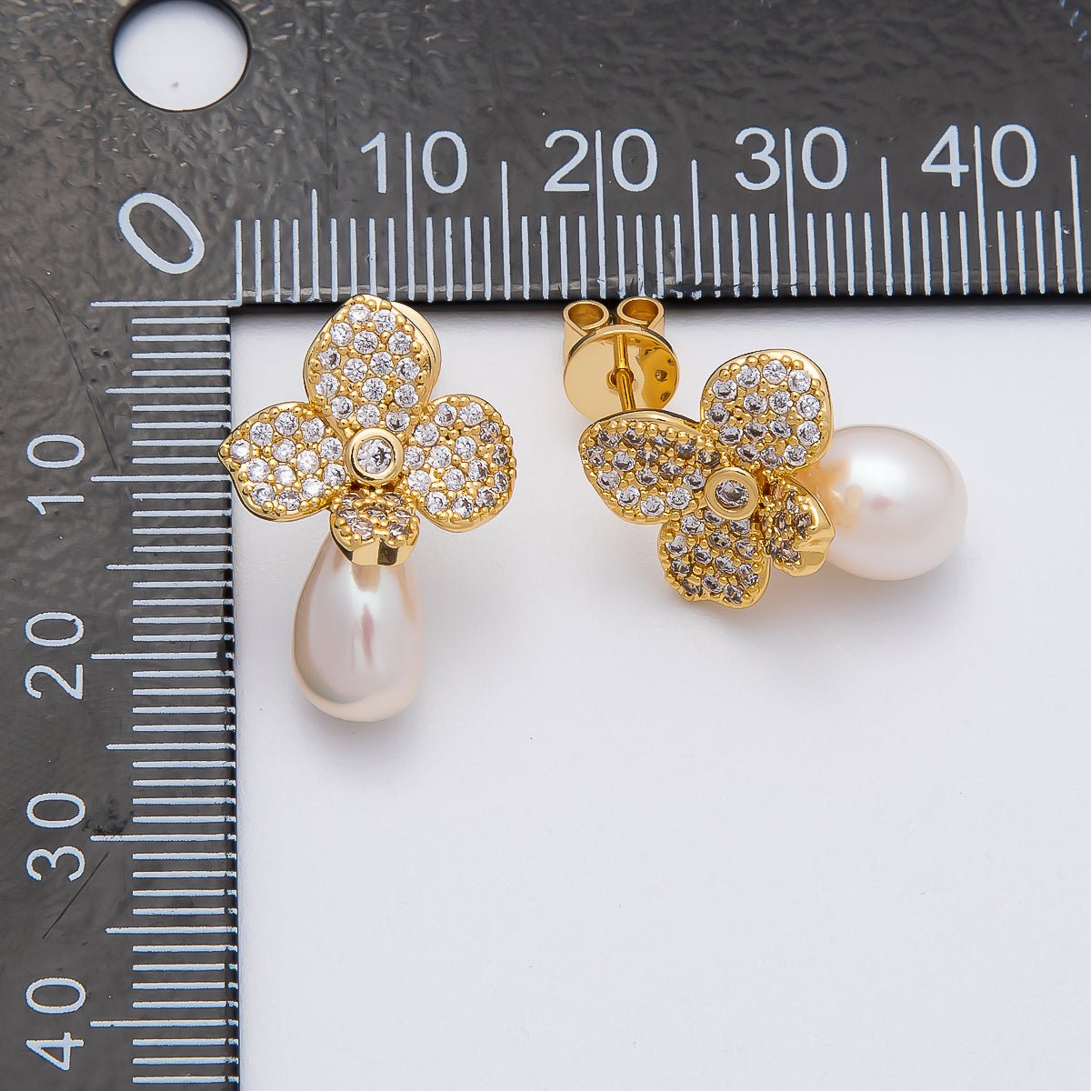 18K Gold Filled 22mm Micro Paved CZ Shell Pearl Flower Drop Stud Earring | EARRINGS-00242