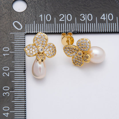 18K Gold Filled 22mm Micro Paved CZ Shell Pearl Flower Drop Stud Earring | EARRINGS-00242