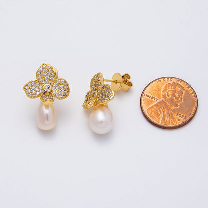 18K Gold Filled 22mm Micro Paved CZ Shell Pearl Flower Drop Stud Earring | EARRINGS-00242
