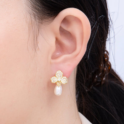 18K Gold Filled 22mm Micro Paved CZ Shell Pearl Flower Drop Stud Earring | EARRINGS-00242