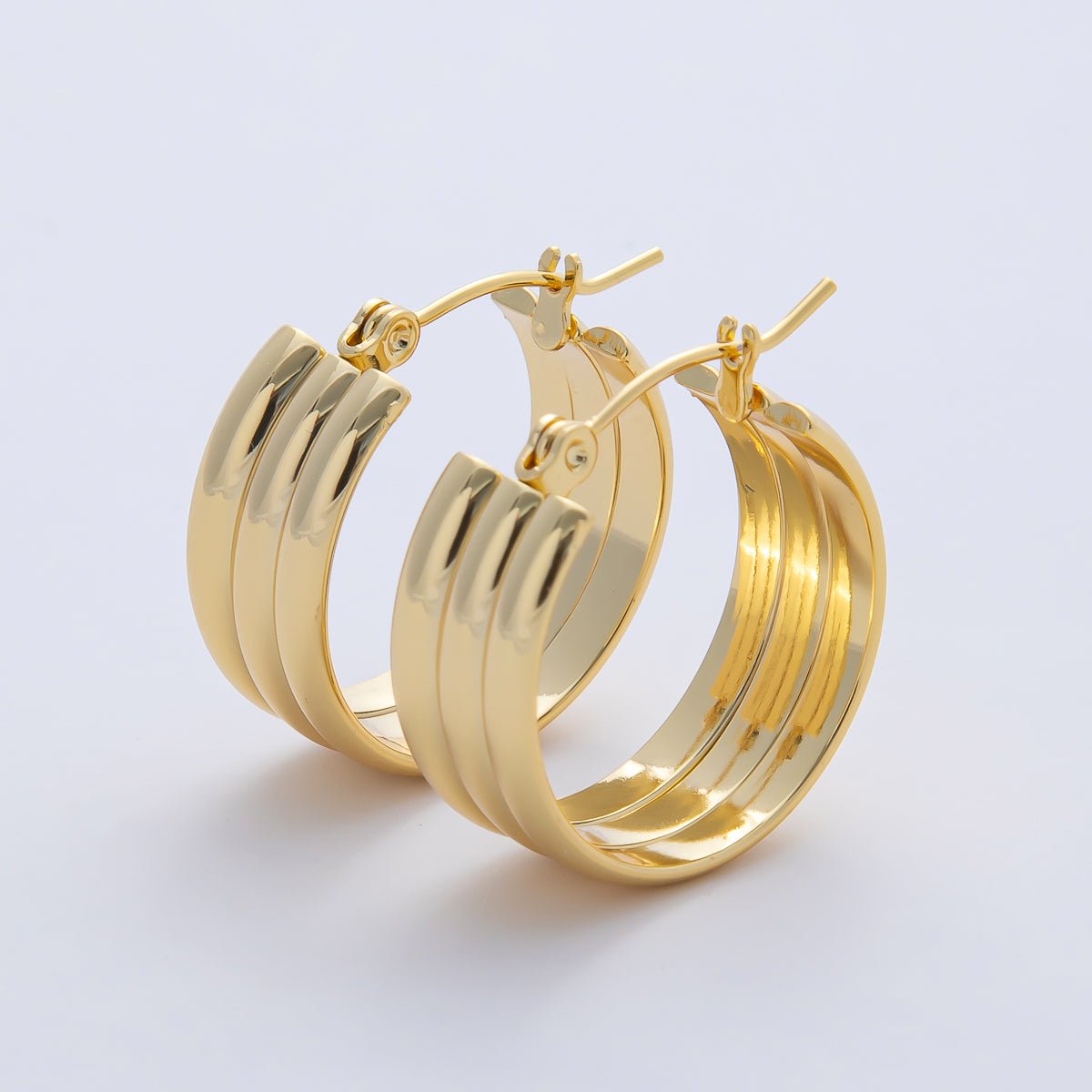 18K Gold Filled 22mm Triple Ribbed Band Latch Hoop Earrings | AD1646