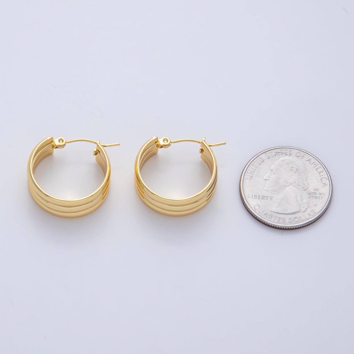 18K Gold Filled 22mm Triple Ribbed Band Latch Hoop Earrings | AD1646