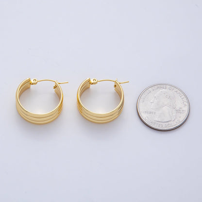 18K Gold Filled 22mm Triple Ribbed Band Latch Hoop Earrings | AD1646