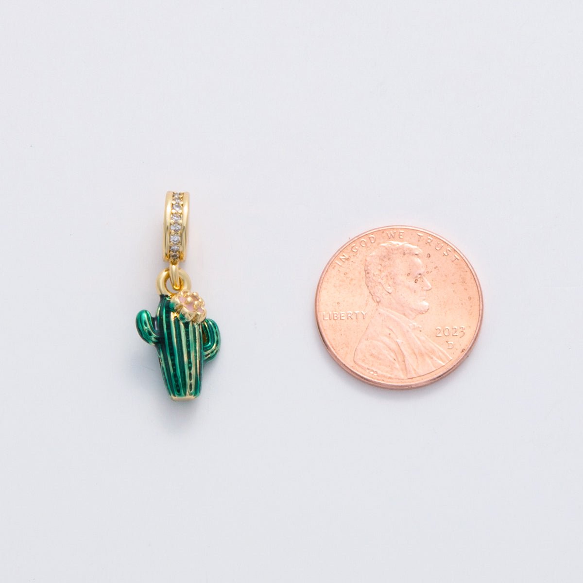 18K Gold Filled 23.5mm Cactus Flower Micro Paved CZ Enamel Drop Rondelle Pendant | C102